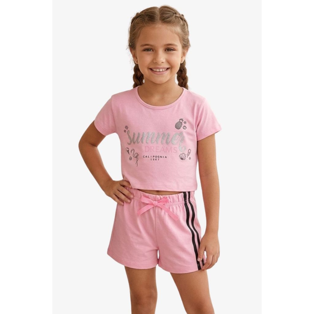 Conjunto Infantil Juvenil Roupa Menina Verão Blusa Cropped Leve Shorts Acinturado Confortável - Conjunto Feminino