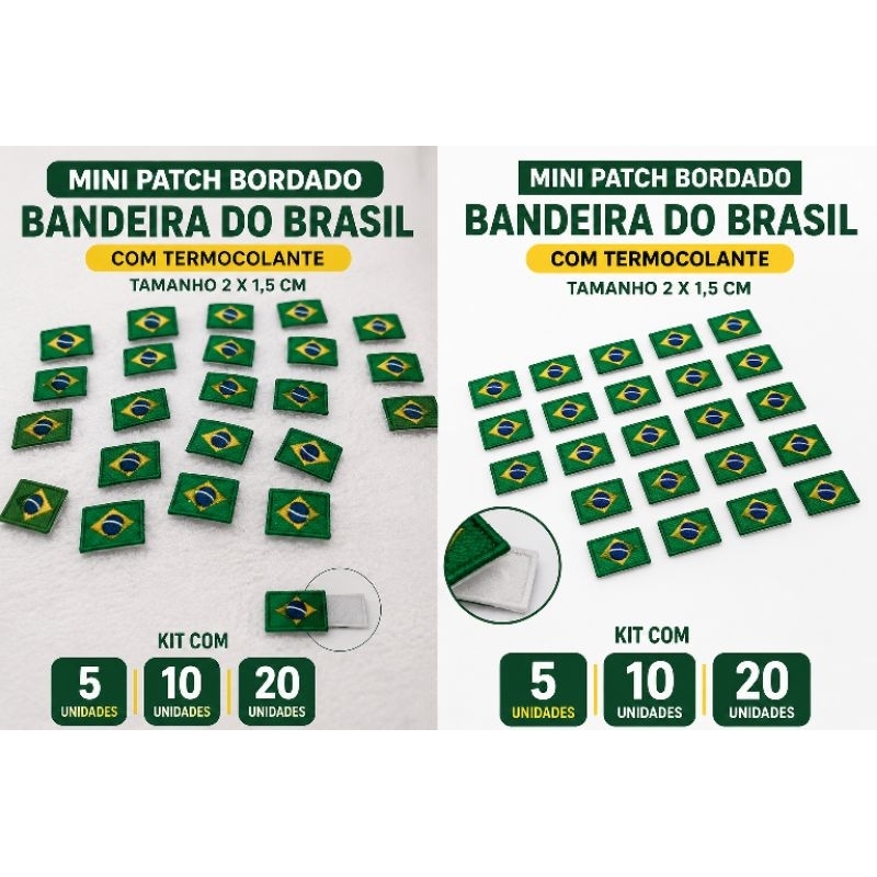 kit Mini Bandeira do Brasil PATCH BORDADO BANDEIRA DO BRASIL  Com termocolante Tamanho 2 x 1,5 cm