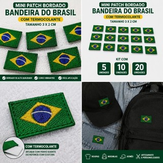 kit mini Bandeiras do Brasil 3 X 2 cm com Termocolante kit mini Bandeiras bordadas com Termocolante  patch Bandeiras