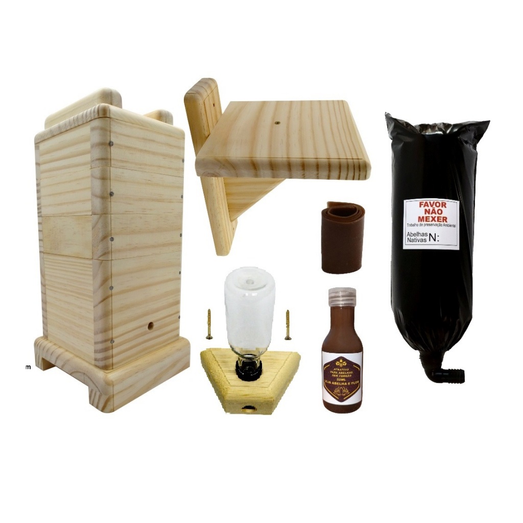 Caixa para abelha Jataí 12x12 com 3 melgueiras + 50ml Atrativo + suporte de parede + Isca Pet + alimentador + cera