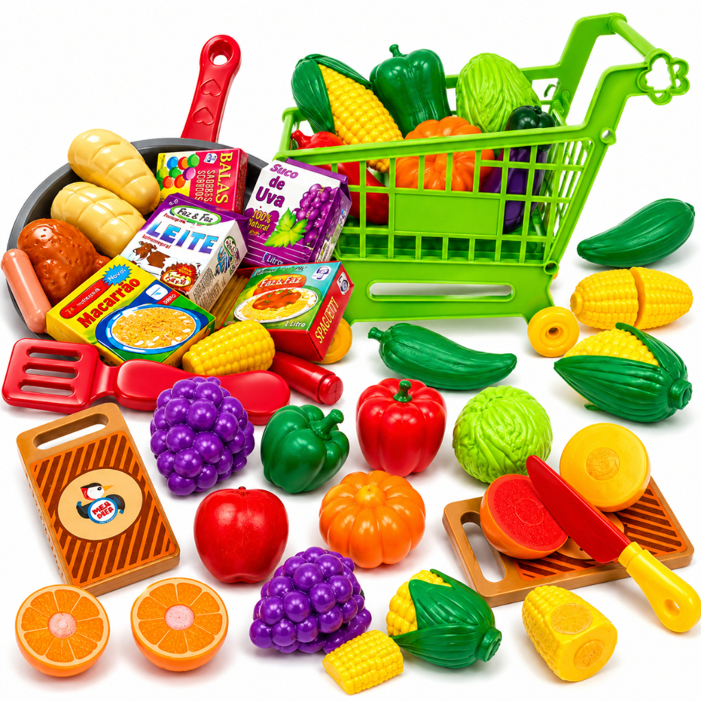 Kit Brinquedos Menina Menino 32 Pç Comidinha Infantil Mercadinho Comidas Panelinha Brinquedo Cozinha