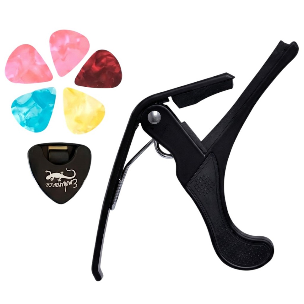 kit Capotraste braçadeira violao + Porta palheta + 5 palhetas violão guitarra folk eletrico acustico