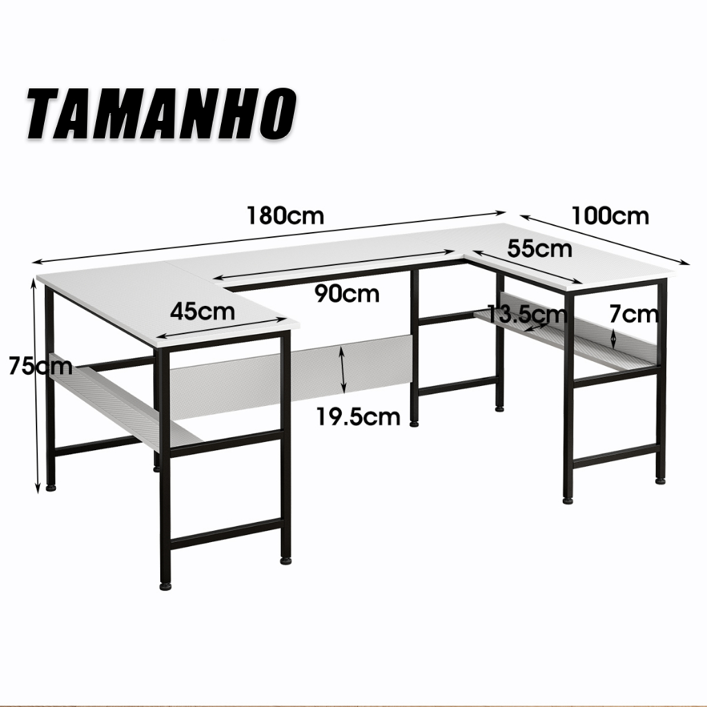 Mesa de Trabalho em L Grande para Home Office, Escrivaninha Mesa Office Estilo Industrial,3 Lados, para Jogos e Estudo