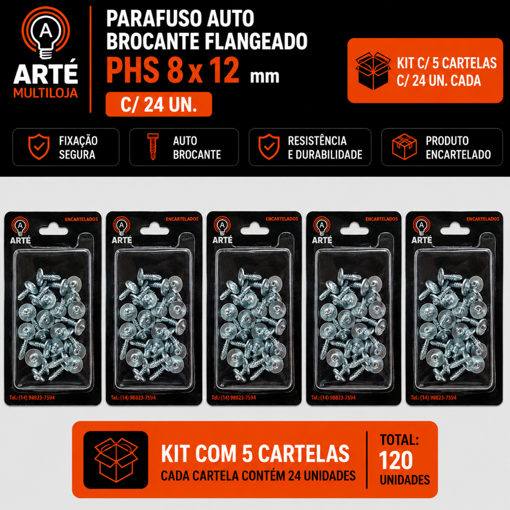 Kit Parafuso Auto Brocante Flangeado Philips - Varias Medidas - Encartelado- Zincado Alta Resistência