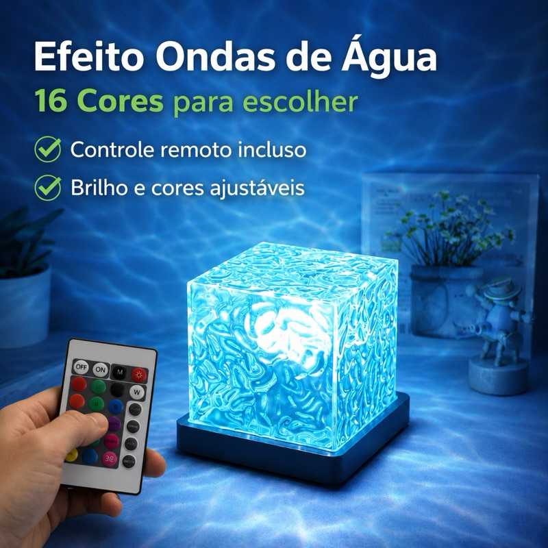 Luminária de Mesa LED Cubo RGB 16 Cores Projetor Efeito Ondas Rotativa Controle Remoto Recarregável