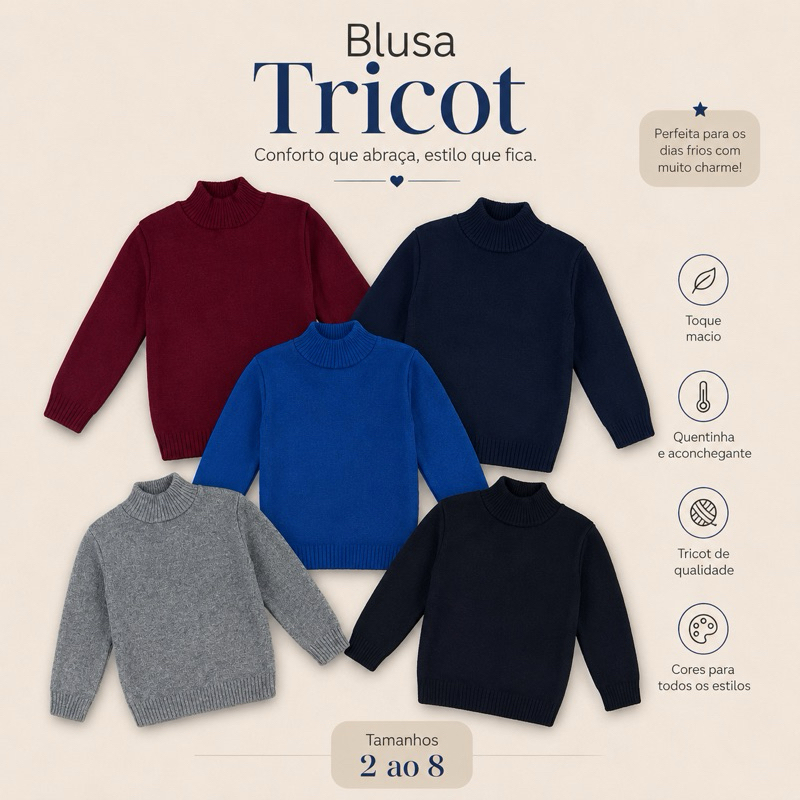 Blusa de lã infantil menino gola alta lisa frio/inverno suéter lançamento novidade do 2 ao 8
