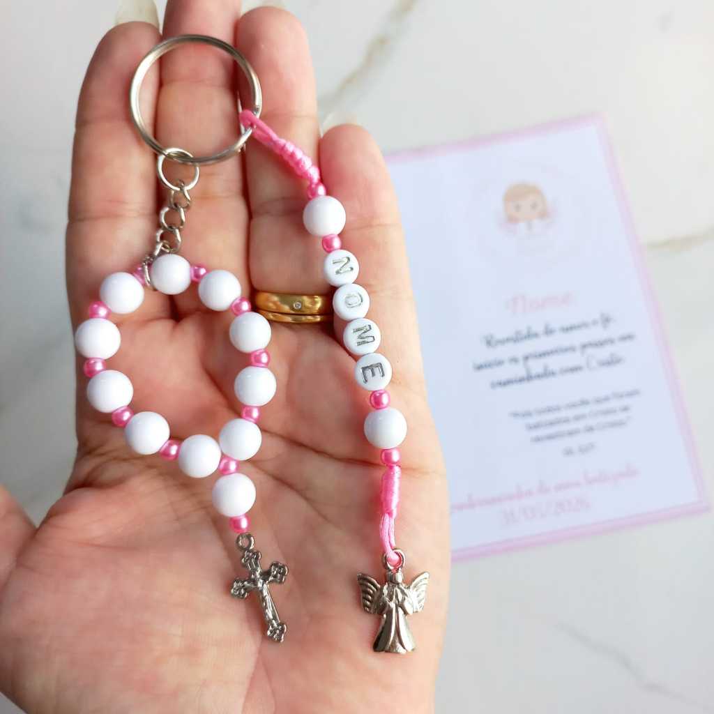 Kit Mini Terço Dezena Com Chaveiro Lembrancinha Personalizado com Nome + Cartão Personalizado