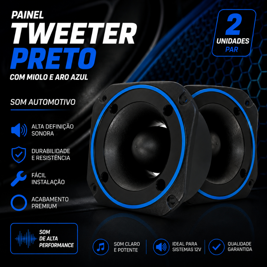 Painel Tweeter Zetta Tiger Preto Som Automotivo Com Miolo Aro Azul