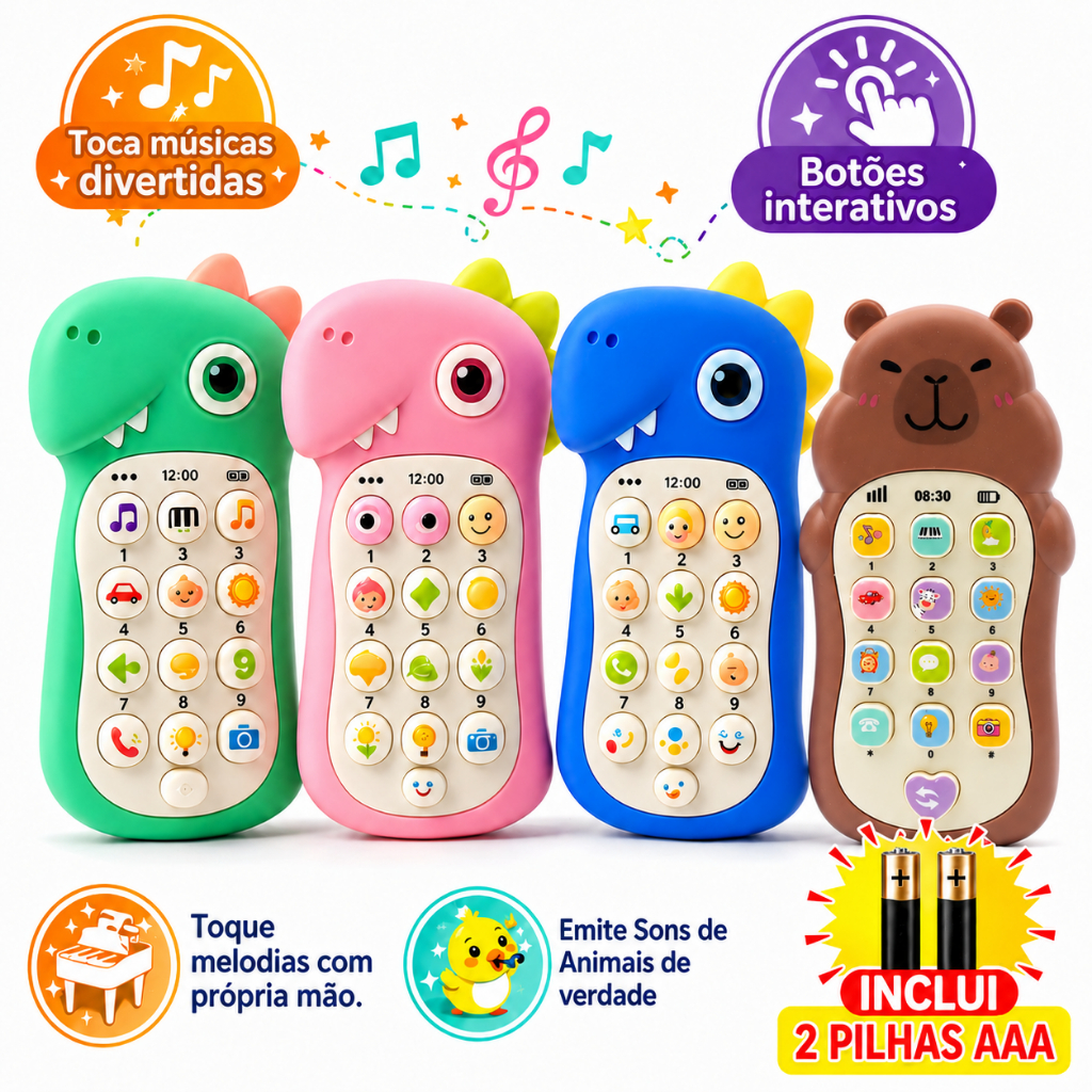 Celular Infantil Dinossauro com Luz Som Pilhas Telefone Musical Interativo Brinquedo Educativo Bebê