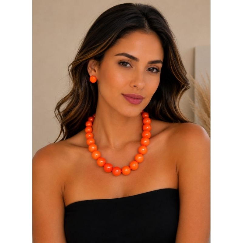 Kit Colar Feminino Bolas Choker Esferas e Brincos em Resina