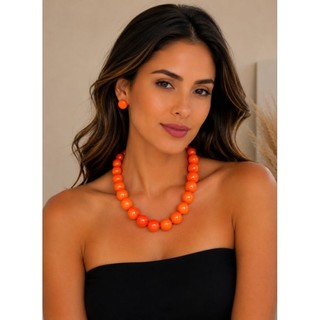 Kit Colar Feminino Bolas Choker Esferas e Brincos em Resina