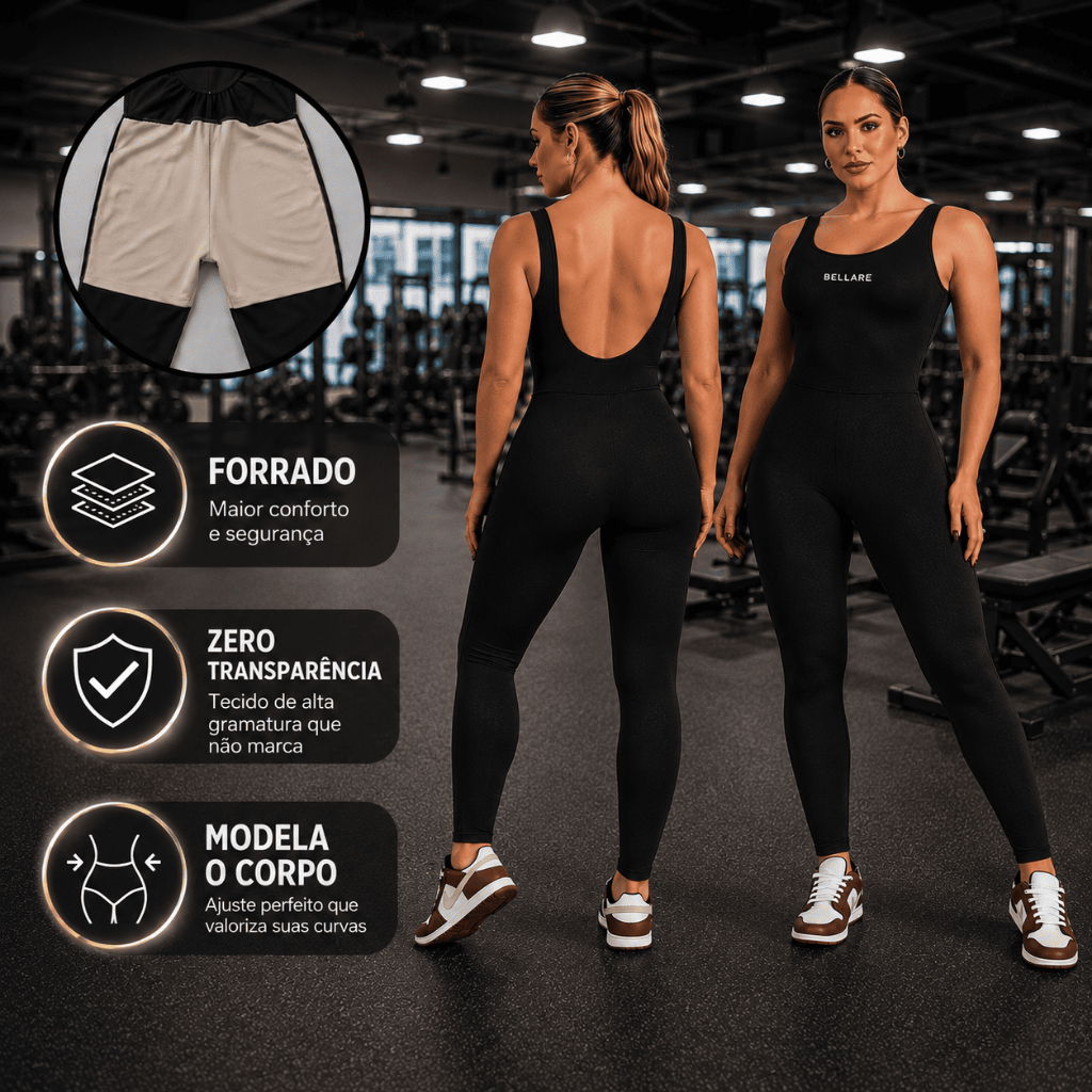 Macacão Fitness Forrado Feminino Longo Roupa de Academia com Costas Abertas Zero Transparência