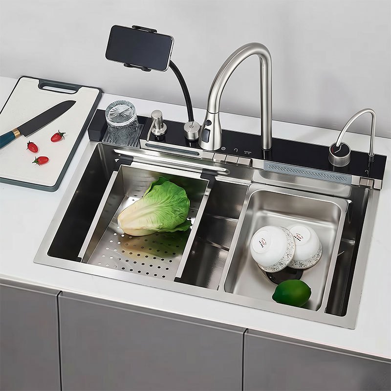 Cuba de Pia Cozinha Gourmet com Torneira Cascata em 304 Inoxidável 75X45CM Com Suporte