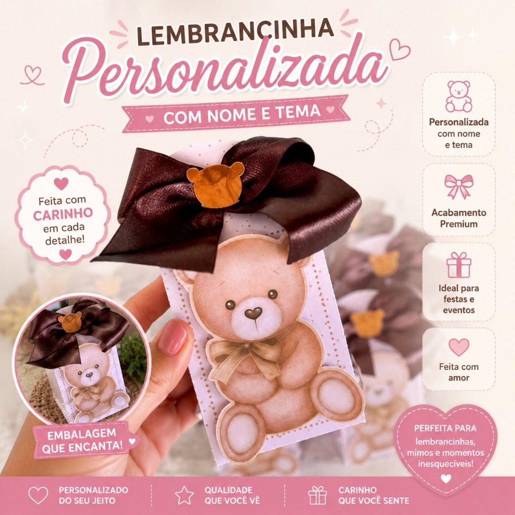 Caixinha Lembrancinha Ursinho Personalizada | Nome e Tema | Festa Infantil Luxo