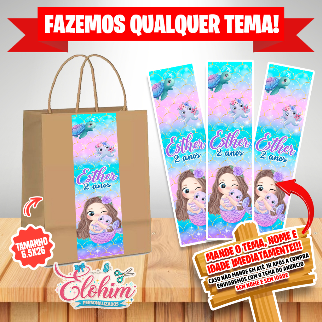 Rótulo Adesivo para personalizar sacolas Kraft / Craft tamanho do adesivo 6,5x26 - Sereia Cute