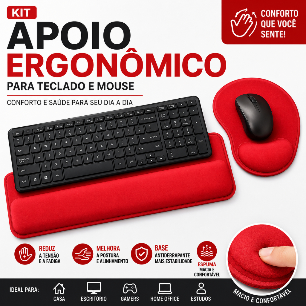 Kit Ergonômico Mouse Pad com Apoio de Punho + Descanso para Teclado Antiderrapante NR17 Vermelho