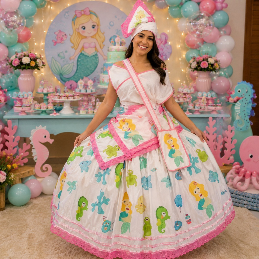 SAIA ERÊ YEMANJÁ ROSA COM SEREIA - ROUPA IBEJI PARA FESTA DE COSME UMBANDA E CANDOMBLÉ