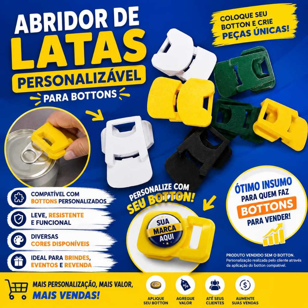 Kit com 10 abridores de latas, em impressão 3d Personalizável para botton, Insumo para fabricantes de bottons