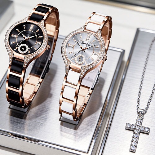 【frete grátis】Relógio Feminino Quartzo  8010 à Prova d'Água Pulseira Metálica com Strass - Design Minimalista