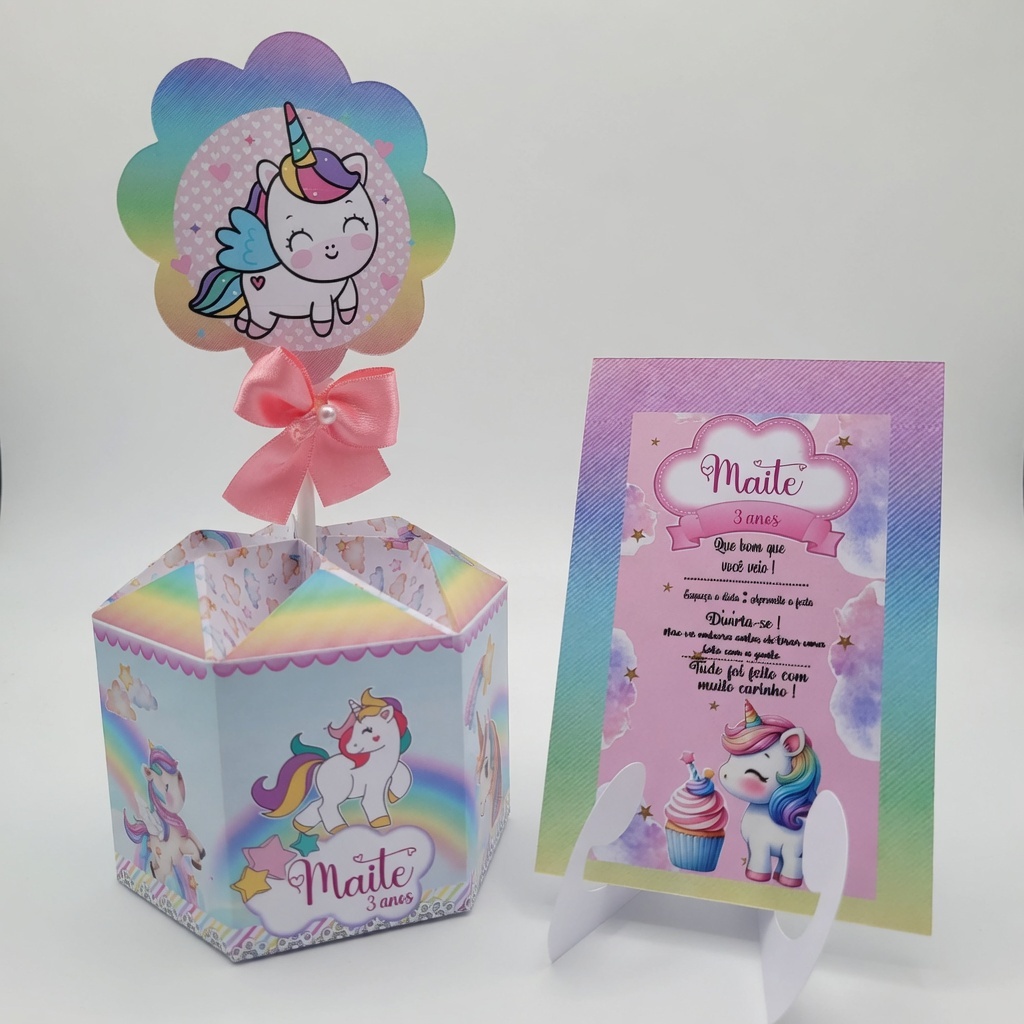 Centro de Mesa Unicórnio Festa + Plaquinha Cachepô/Caixa Sextavada/Enfeite/Aniversário/Lembrancinha/Personalizado