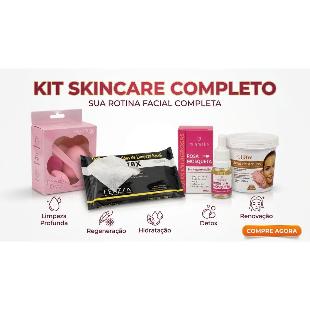 Kit Spa Facial Completo Detox Renovação Hidratação Rosa Mosqueta Argila Blend Power Puff
