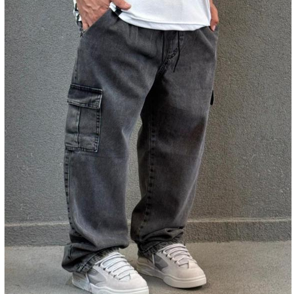 Calça Cargo Jeans larga masculina feminina 5 bolsos Preto Estonado moda street skate