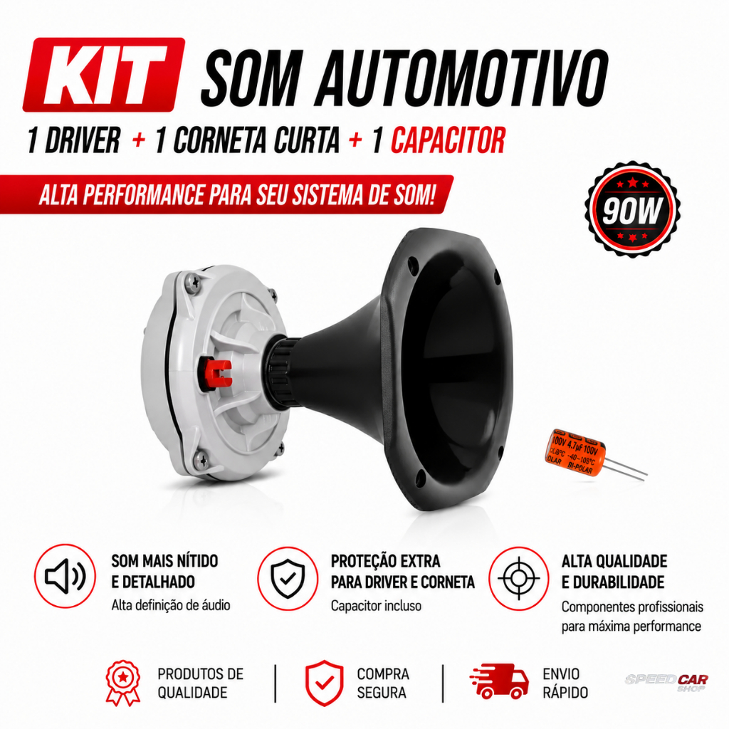 Kit Som Automotivo Com 1 Driver D250X Musicall 200W 1 Corneta Curta e 1 Capacitor