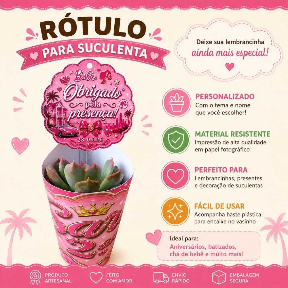 Rótulo de Suculenta Barbie/aniversário | lembrancinha | chá de bebê | festa infantil