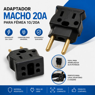 Kit 2 Adaptadores Tomada 20A para 10A e 20A Pino Grosso Reforçado 250V Alta Resistência Dif