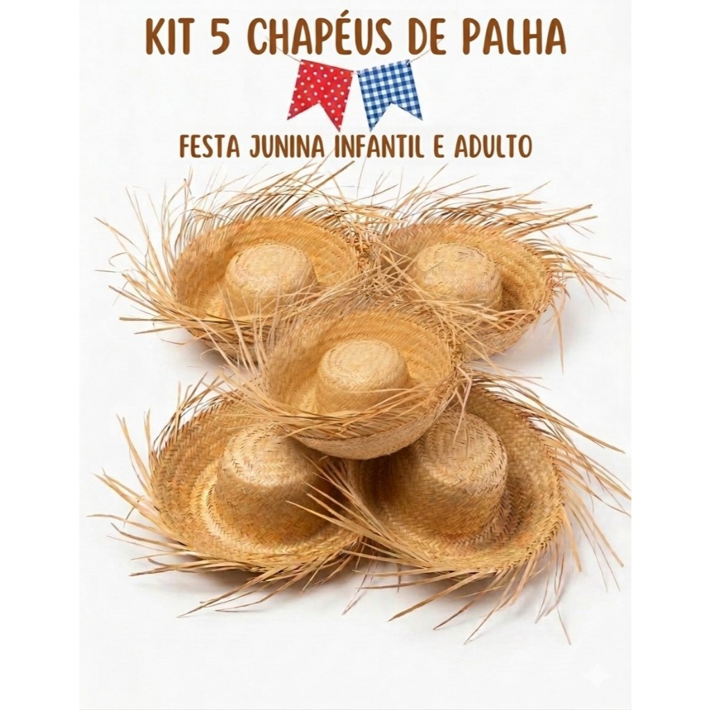 Kit 5 Chapéus de Palha Festa Junina Infantil e Adulto Arraia São João