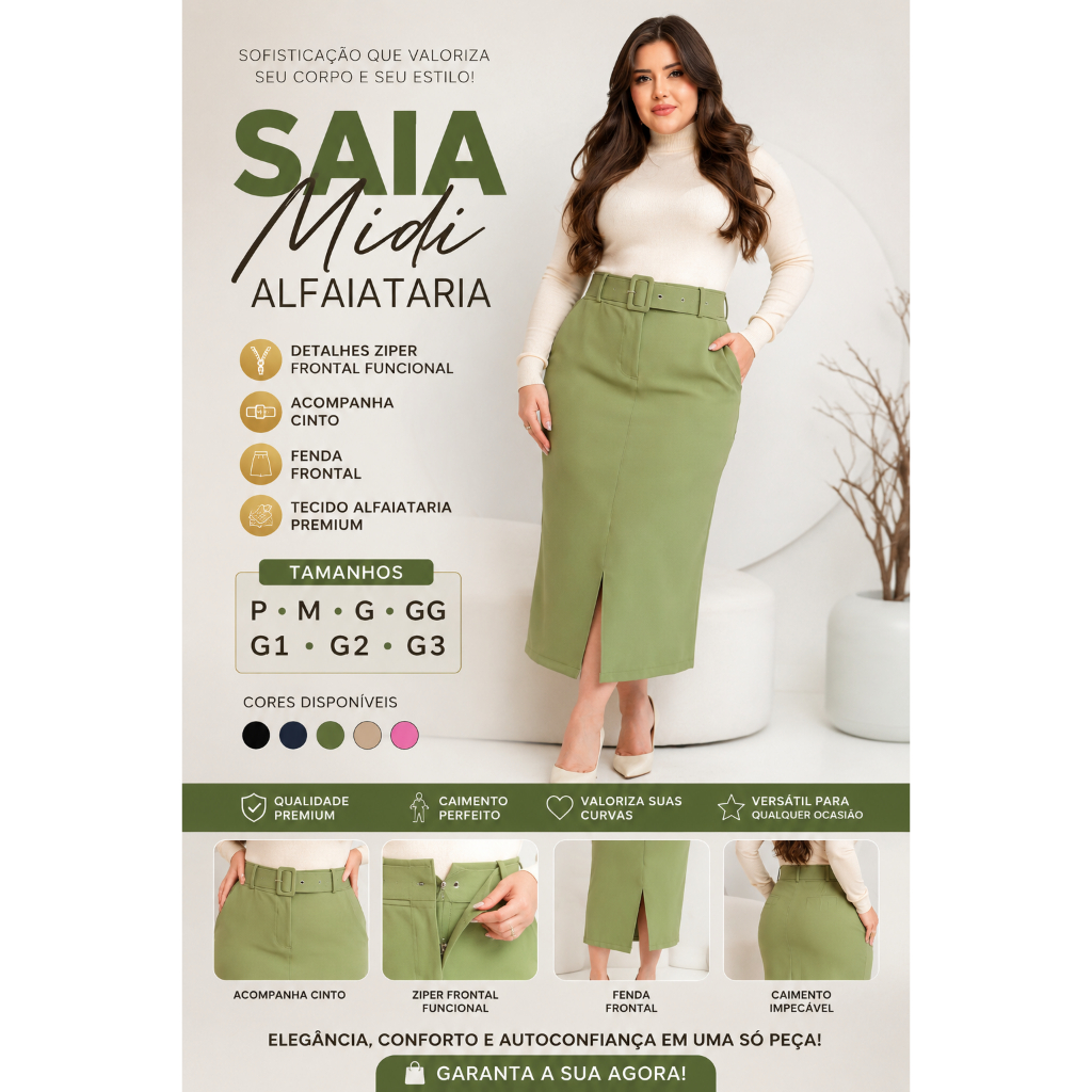 Saia Feminina Midi Alfaiataria Com Bolso Lateral Zíper e Cinto Ref 0049