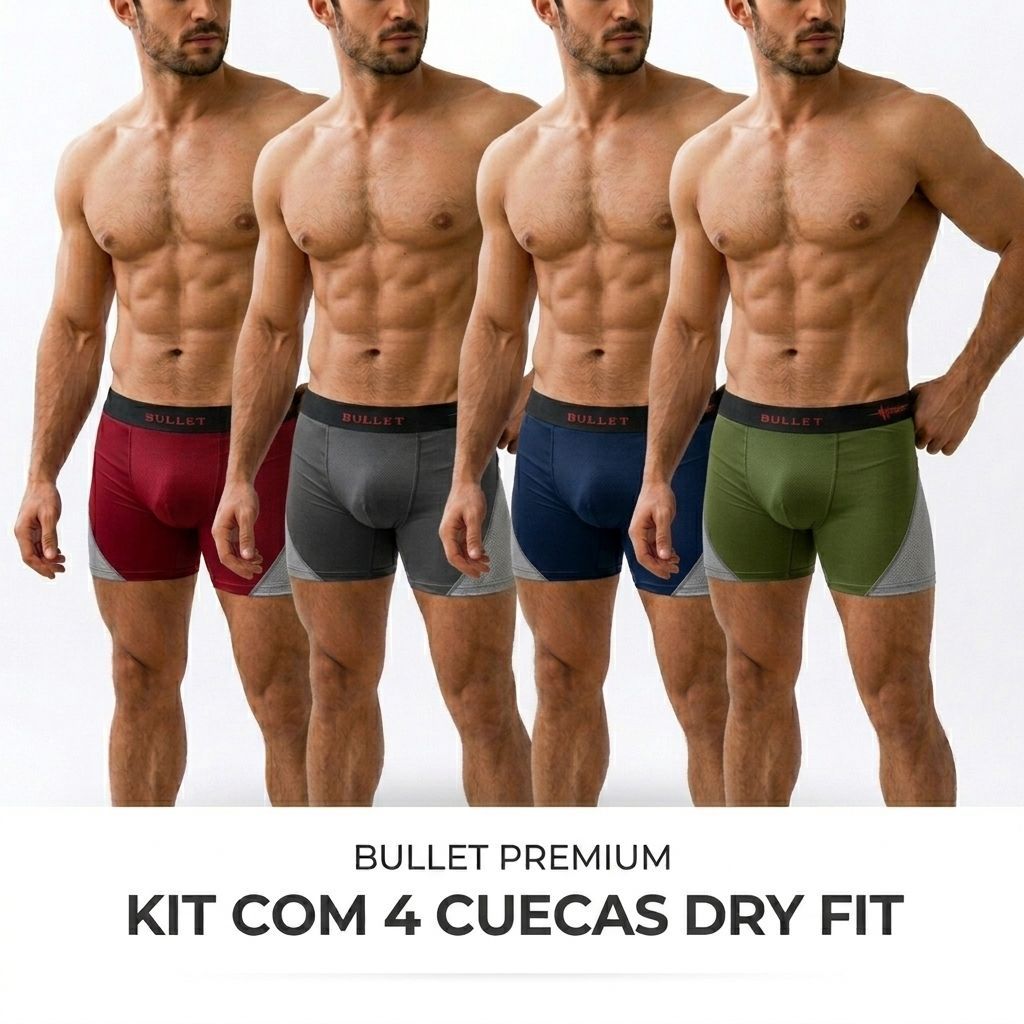 Cueca Dry Fit Kit com 4 Unidades – Kit com 4 Cuecas Dry Fit confeccionadas em tecido leve, respiráv