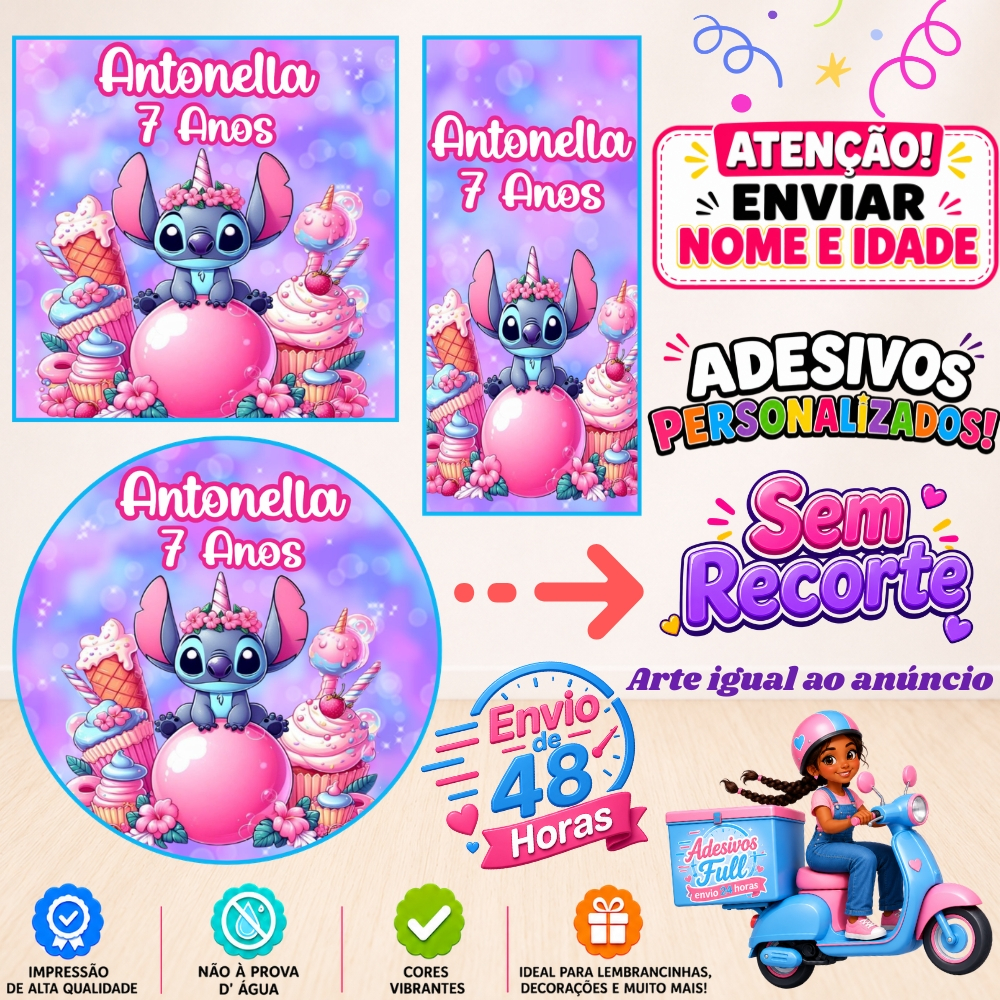 Stitch Doces Chiclete - 100/60/40 Adesivos Personalizados Lembrancinhas Festa Aniversário