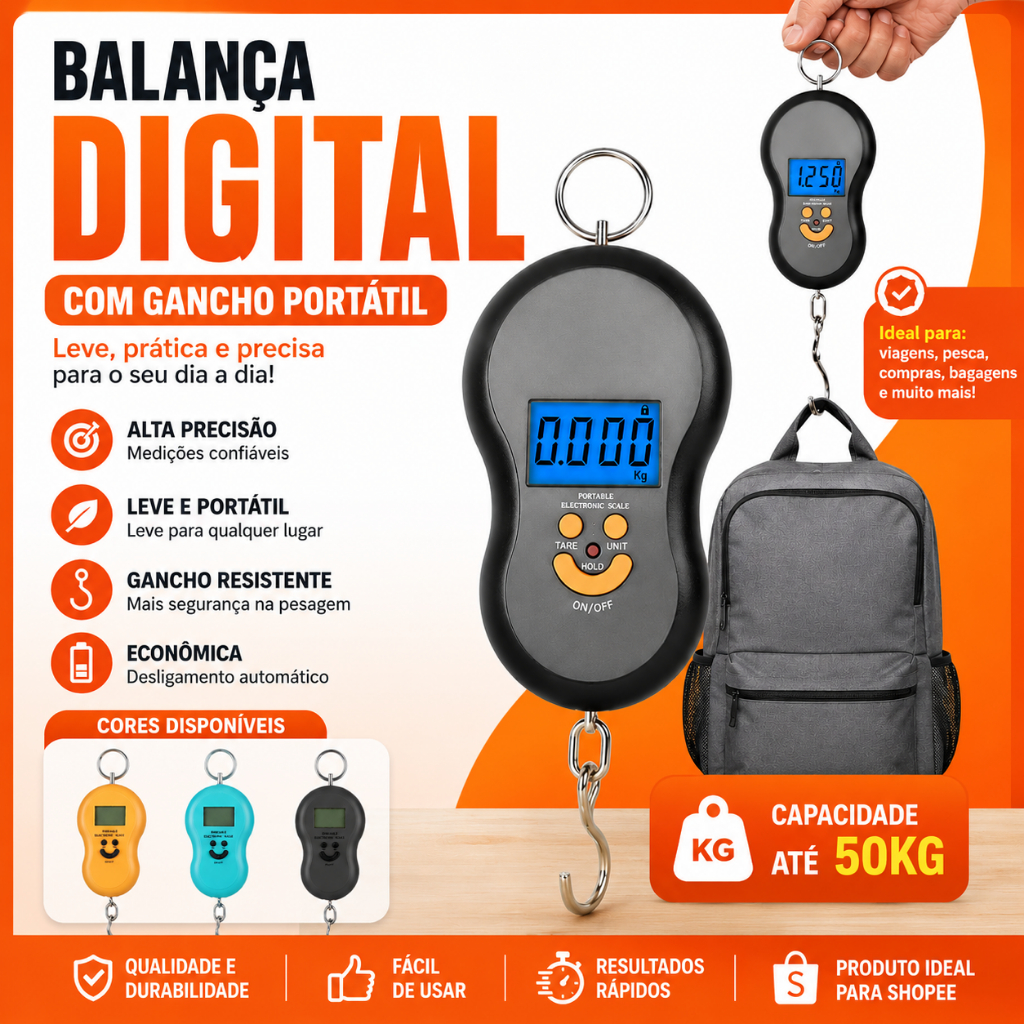 Balança Digital Portátil 50kg com Gancho Para Mala Viagem Bagagem Pesca