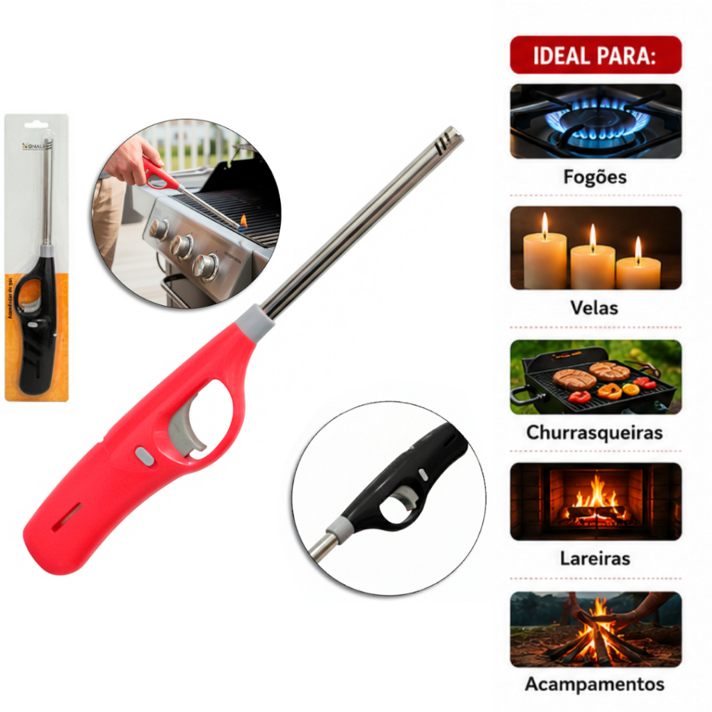 Acendedor de Fogão A Gas Multiuso Automático para Fogão Churrasqueira Velas e Lareira 27,5cm