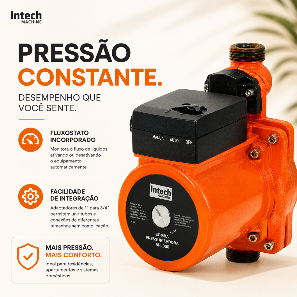 Bomba Pressurizadora 300W Pressurizador Chuveiro 4500L/H BFL300 Pressurizador 220v  Intech Machine
