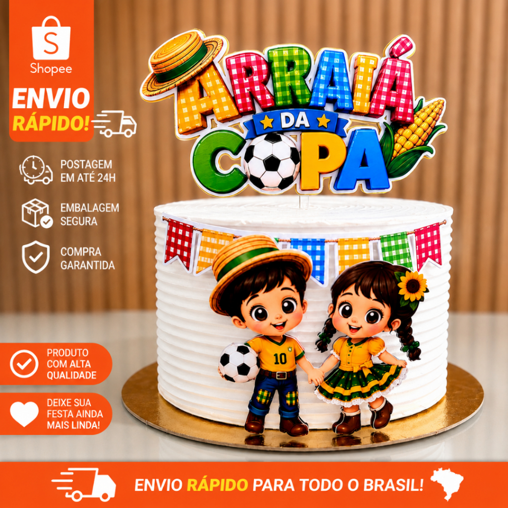 Topo de Bolo Arraiá da Copa Personalizado Futebol Junino Topper de bolo copa são joão