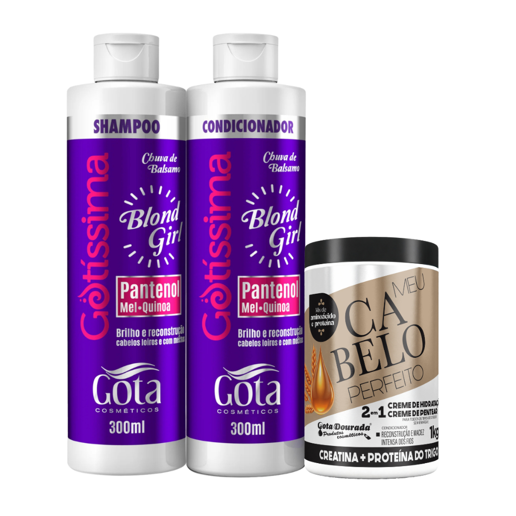 Kit Gota Dourada Blond Girl Shampoo e Condicionador 300ml e Creme 2 em 1 Cabelo Perfeito Proteína do Trigo 1Kg