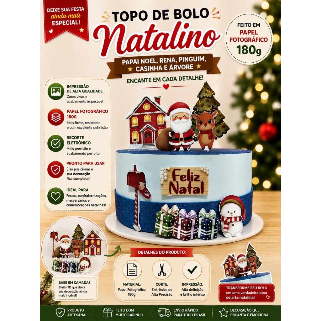 ENVIO IMEDIATO!!Topo de Bolo Natalino, Papai Noel, Rena, Pinguim, Casinha e Árvore, Natal, Comemoração, Ceia