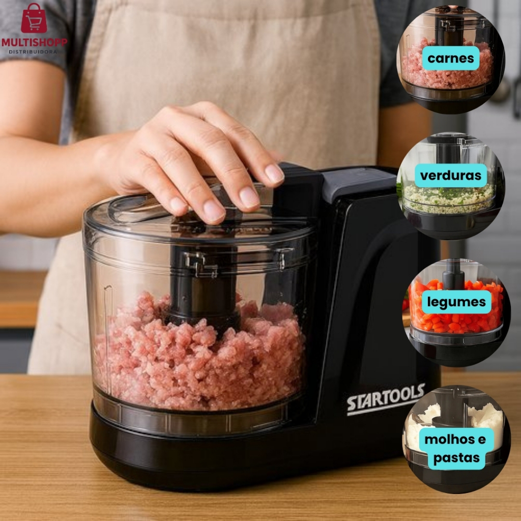 Mini Processador Eletrico 2 Lâminas Triturador 220V Capacidade 350ml Preto - Fácil de limpar, Bate e Tritura Alimentos