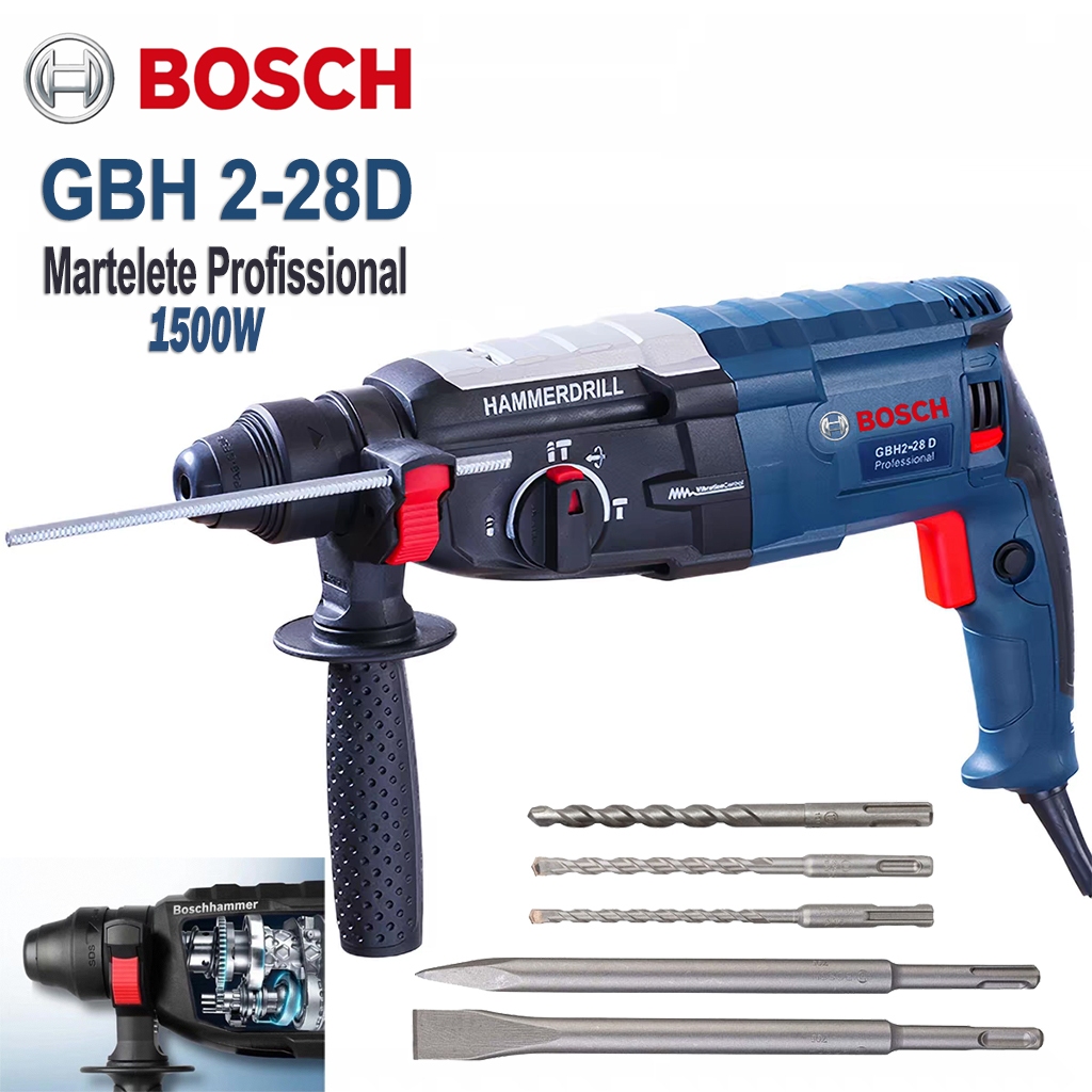 Martelete Bosch GBH 2-28D 1500W SDS Plus furadeira Martelete Rompedor 220v Com Maleta e Acessórios