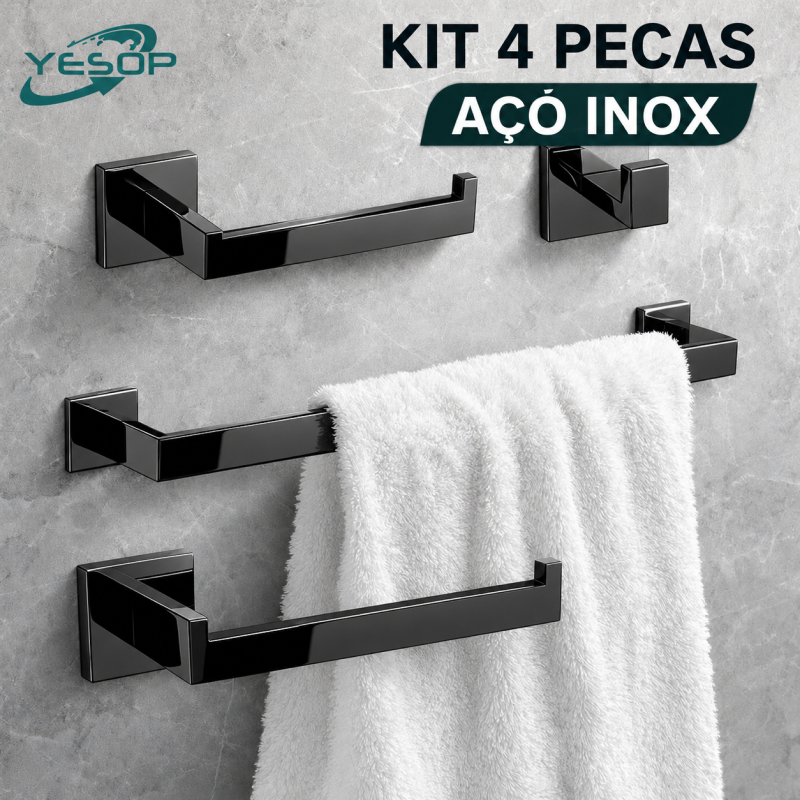 YESOP Kit Acessórios Para Banheiro 4 Peças Aço Inox 304 Preto Toalheiro Porta Pa