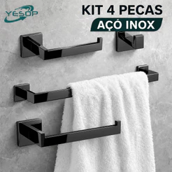 YESOP Kit Acessórios Para Banheiro 4 Peças Aço Inox 304 Preto Toalheiro Porta Papel Higiênico