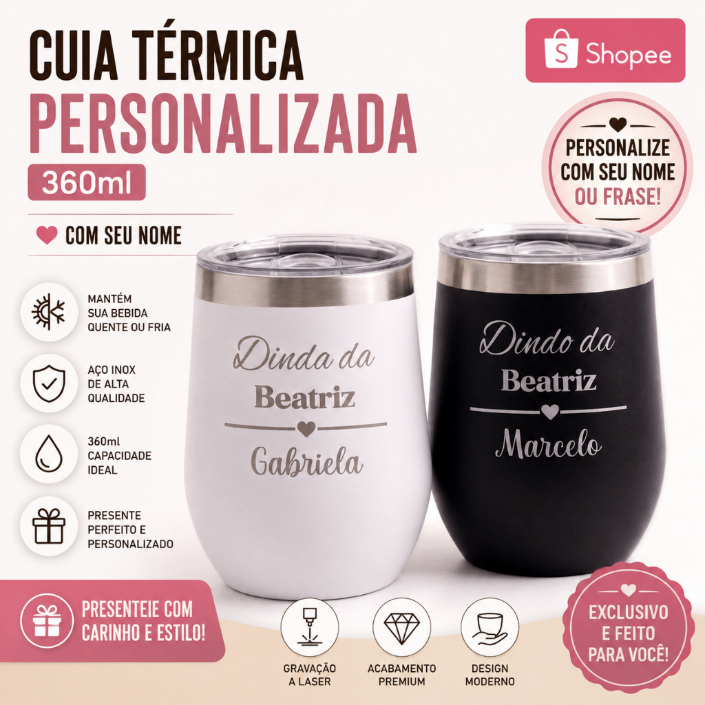 Kit 2 Copos Inox Cuia Térmicos com Tampa- Personalizados com Nome- Logo -Frase