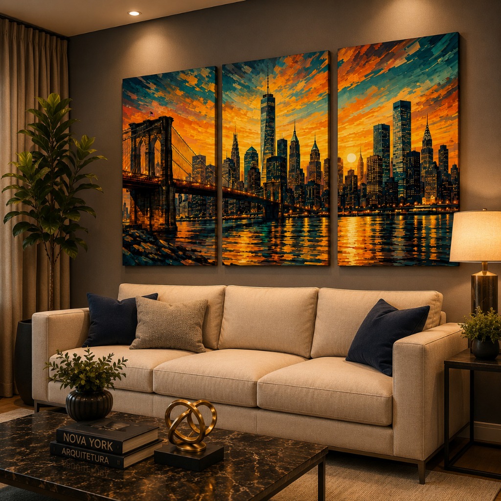 Kit Quadros Decorativos Horizonte de Nova York Premium 3 Peças Skyline Manhattan Ponte Brooklyn