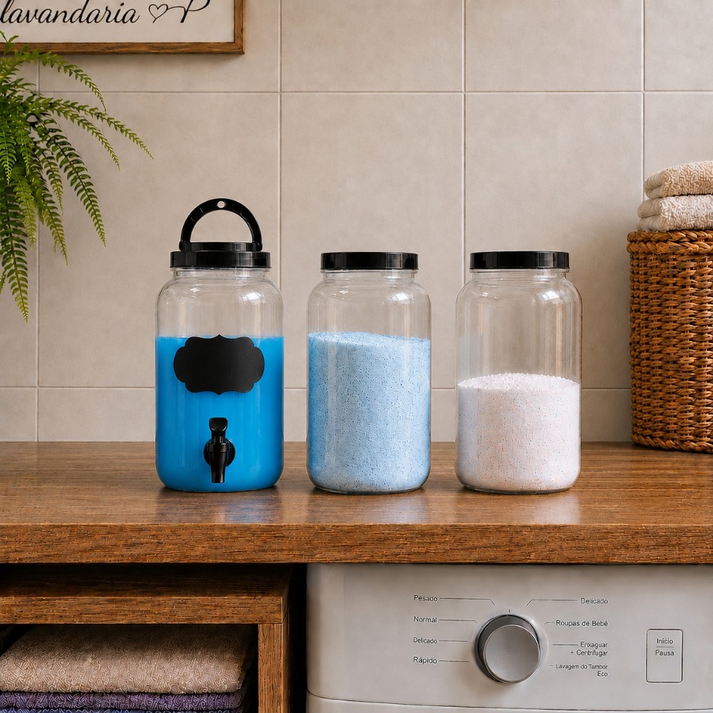 Kit 1x Dispenser 3,6L + 2x Porta Sabão Preto Produtos Limpeza Lavanderia Organizador Sabão