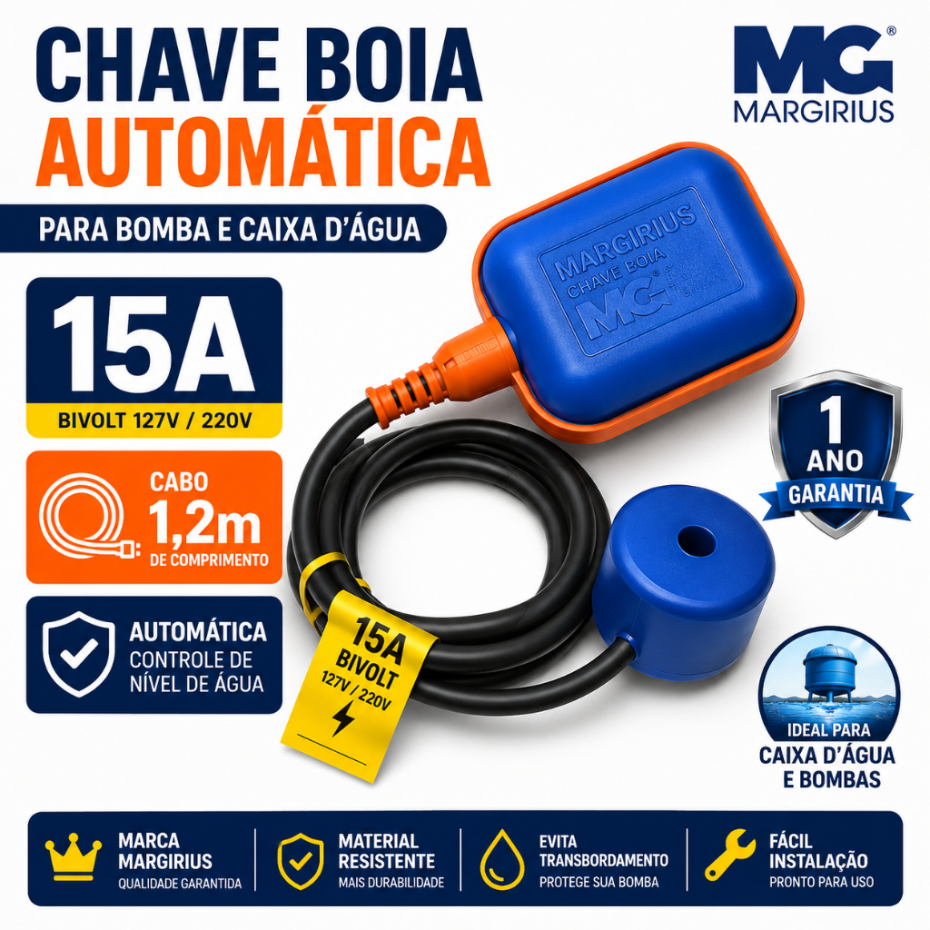 Chave Boia Automática Margirius 15A Para Bomba E Caixa D'Água 1,2m