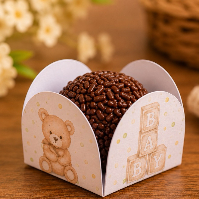 Forminha Ursinho Bege Personalizada Chá de Bebê Porta Brigadeiro Festa Infantil
