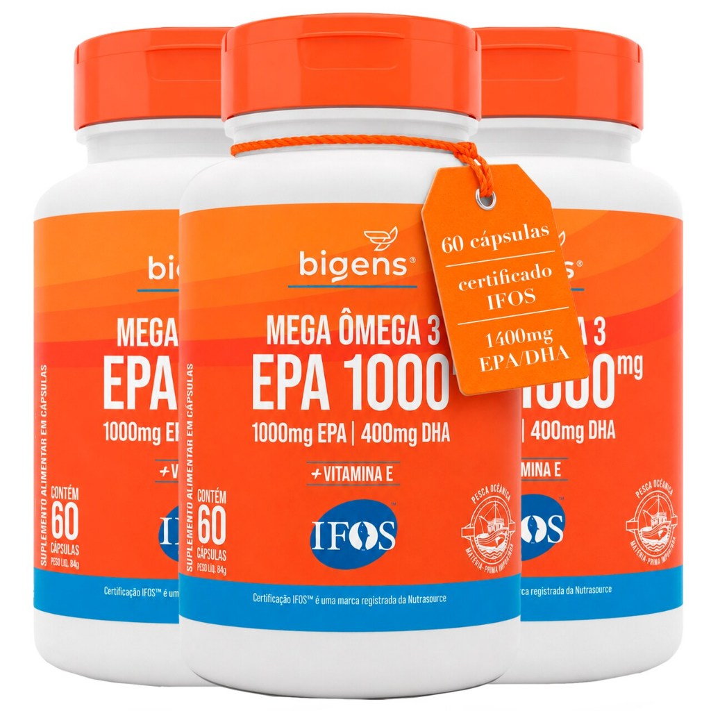 BIGENS KIT 3X Mega Omega 3, EPA 1000mg DHA 400mg, com vitamina E, Certificado IFOS, 60 cápsulas