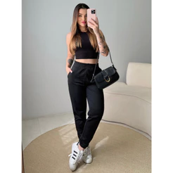 Calça Moletom Feminina Jogger Grossa Cós Alta Flanelada Básica Moda Frio Inverno
